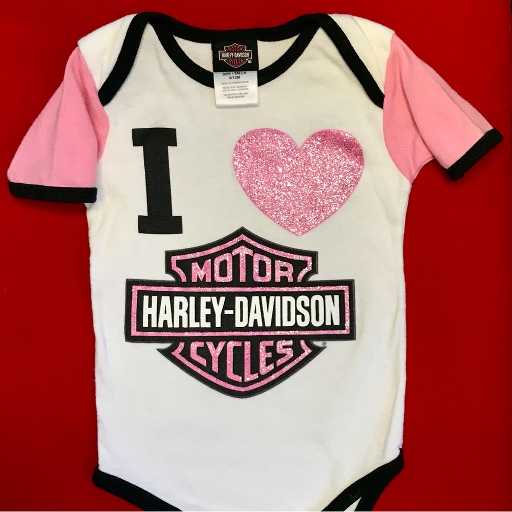 Harley-Davidson Glittery Graphic  Heart Bar & Shield Short Sleeve Ringer Onesie